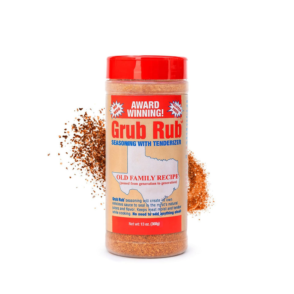 Grub Rub BBQ Blend bottle showing bold, smoky seasoning for pork, beef, and vegetables.