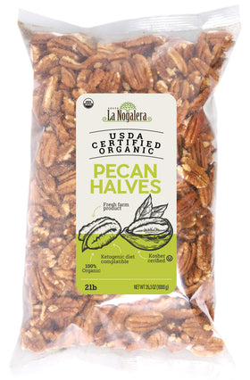 Grupo La Nogalera Organic Pecan Halves 2 lb bag, ideal for baking and snacking.