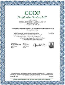 Grupo La Nogalera Organic Pecan Halves packaging shows certification labels.