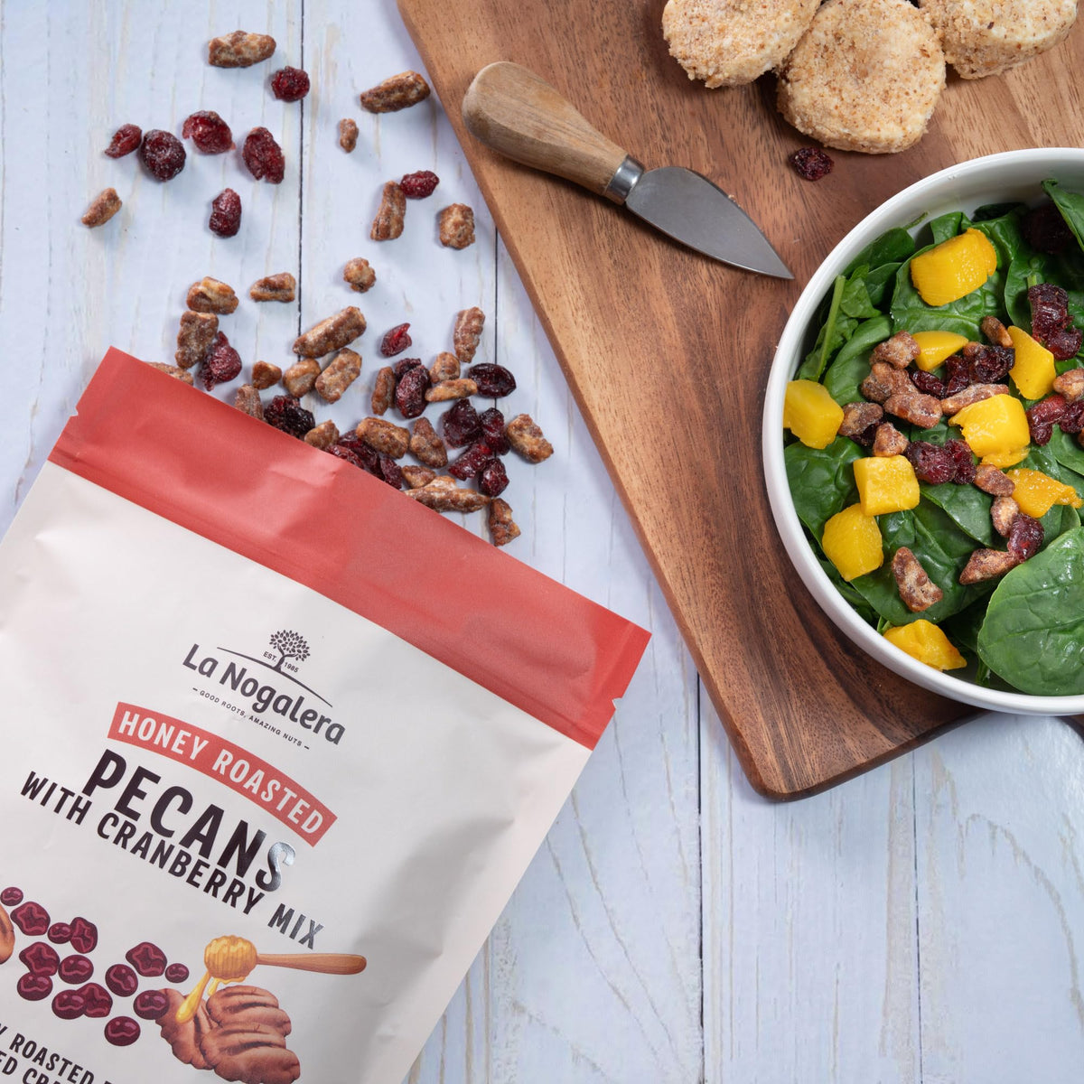 La Nogalera pecan cranberry blend comes in a convenient 24 oz pouch.