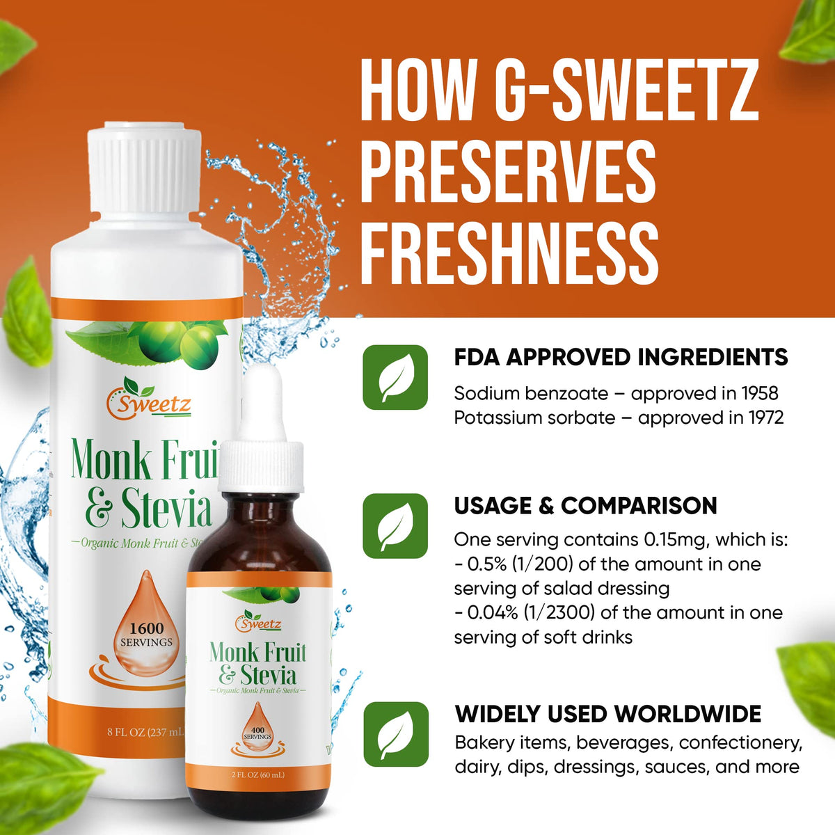 G-Sweetz bottle label close-up highlighting monk fruit-stevia blend benefits.