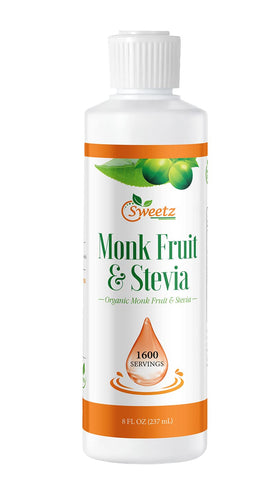 G-Sweetz monk fruit-stevia liquid sweetener bottle shows golden color, ideal for beverages.