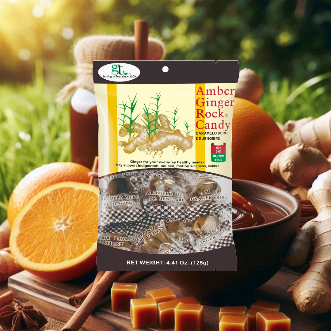 GT Amber Ginger Rock Candy 4-pack on shelf, travel-ready snack