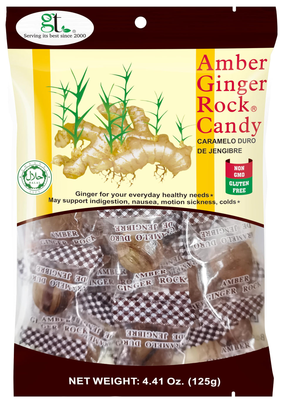 GT Amber Ginger Rock Candy bag front view, natural ingredients and bold flavor