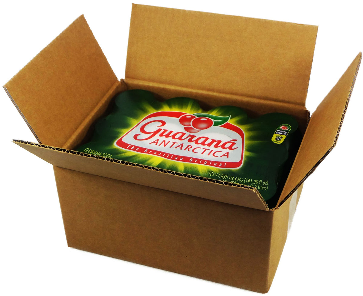12-pack display of Guaraná ANTARCTICA in cartons, ideal for pantries and events.