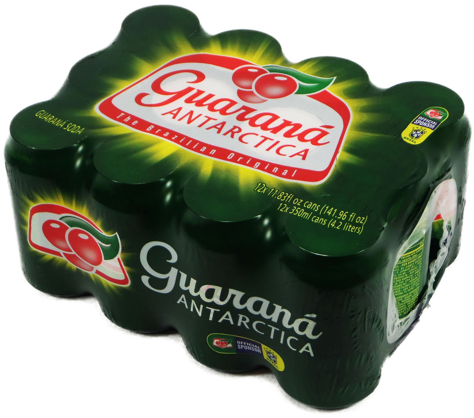 Guaraná ANTARCTICA close-up of cans in a 12-pack for easy sharing.