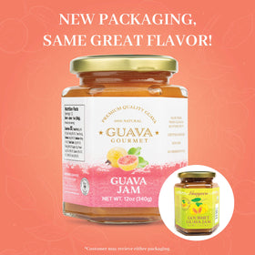 Guava Gourmet Guava Jam close-up in a glass jar showing vibrant color