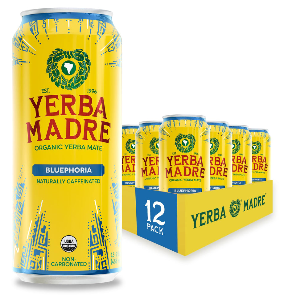 Guayaki Yerba Madre Bluephoria front can view with blueberry flavor for daytime focus