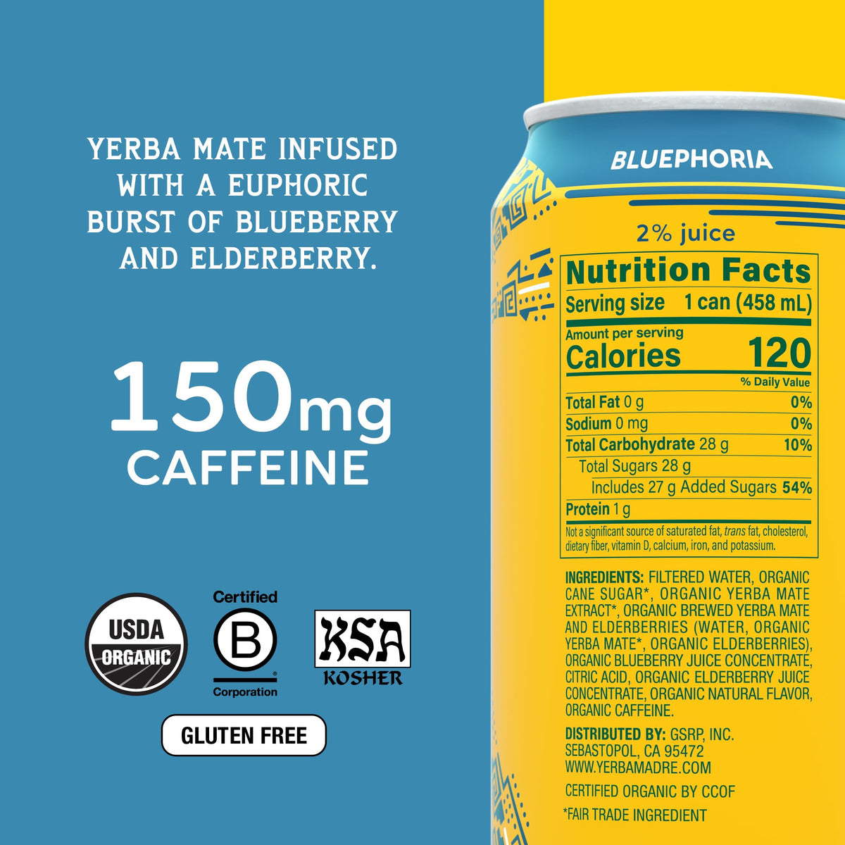 Guayaki Yerba Madre Bluephoria side can showing no jitters and sustained energy