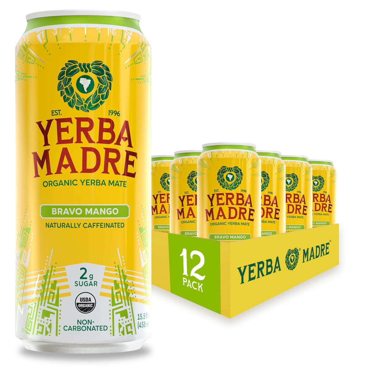 Guayaki Yerba Madre Bravo Mango bottle for vibrant, on-the-go energy.
