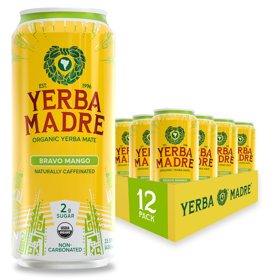 Guayaki Yerba Madre Bravo Mango bottle for vibrant, on-the-go energy.