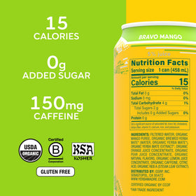 Guayaki Yerba Madre Bravo Mango pour highlights tropical aroma and steady focus.