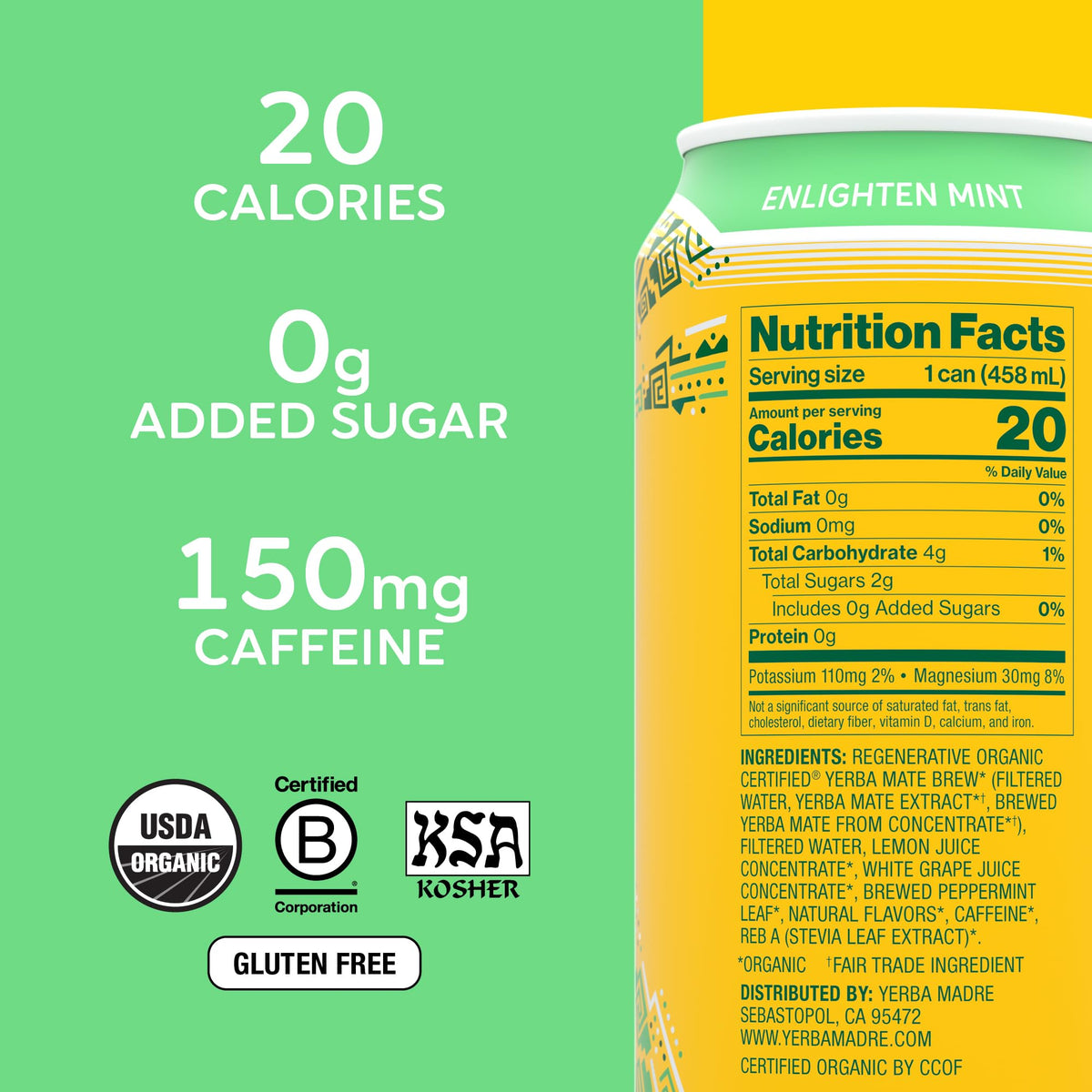 Guayaki Yerba Madre can side view highlights mint label and refreshing vibe.
