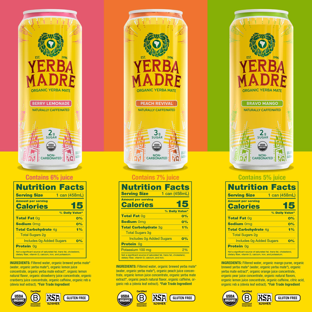 Guayaki Yerba Madre cans side view highlights 15.5oz cans for on-the-go energy