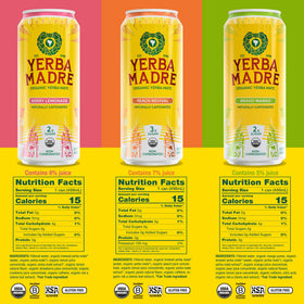 Guayaki Yerba Madre cans side view highlights 15.5oz cans for on-the-go energy