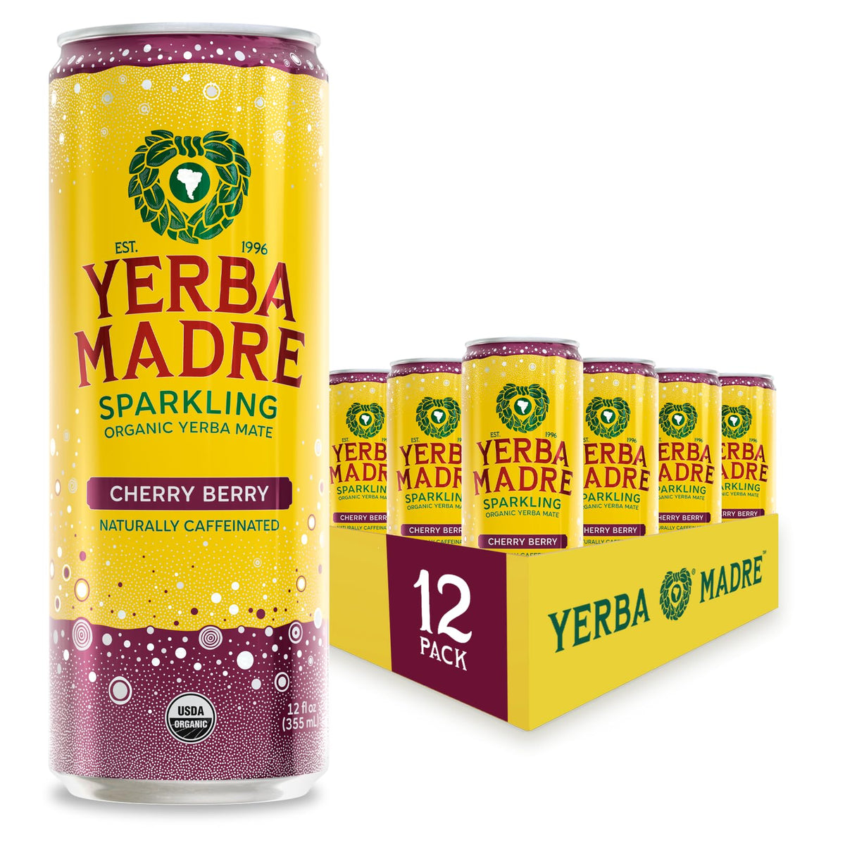 Guayaki Yerba Madre cherry berry can; refreshing, bubbly flavor for an afternoon lift.