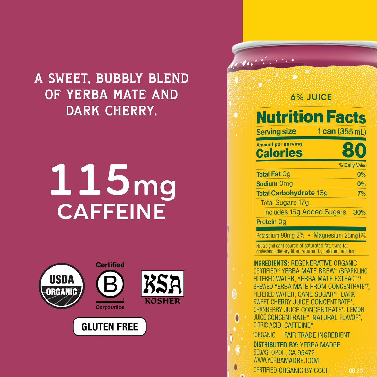 Guayaki Yerba Madre cherry-berry can; vibrant close-up fizz inviting you to sip.