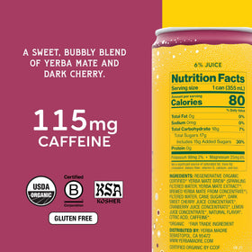 Guayaki Yerba Madre cherry-berry can; vibrant close-up fizz inviting you to sip.
