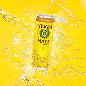 Closeup of Guayaki Yerba Madre Classic Gold can highlighting natural caffeine