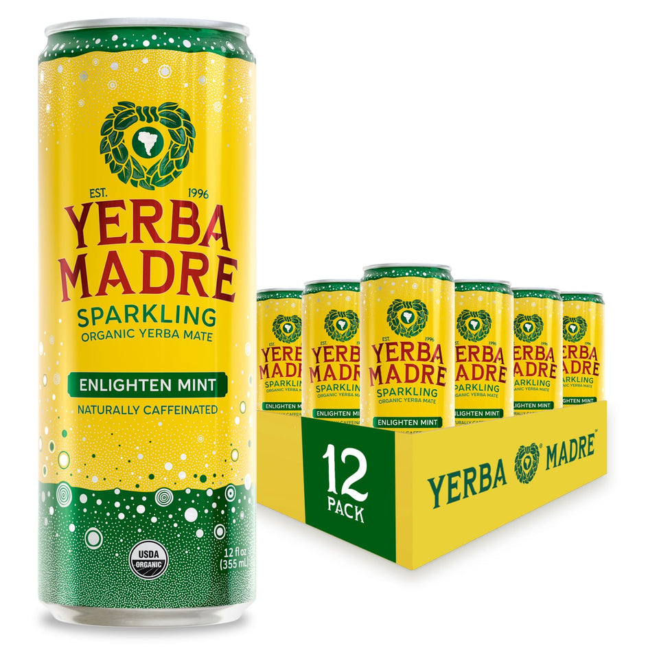 Guayaki Yerba Madre Enlighten Mint can, refreshing spark to focus.