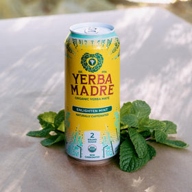 Guayaki Yerba Madre label closeup shows natural caffeine and theobromine.
