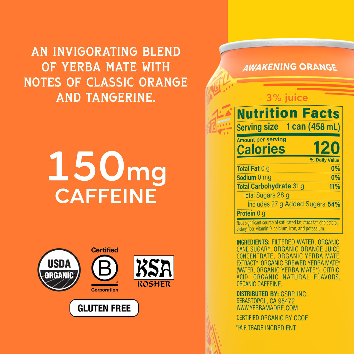 Guayaki Yerba Madre Orange Citrus blend can close-up highlighting refreshing flavor