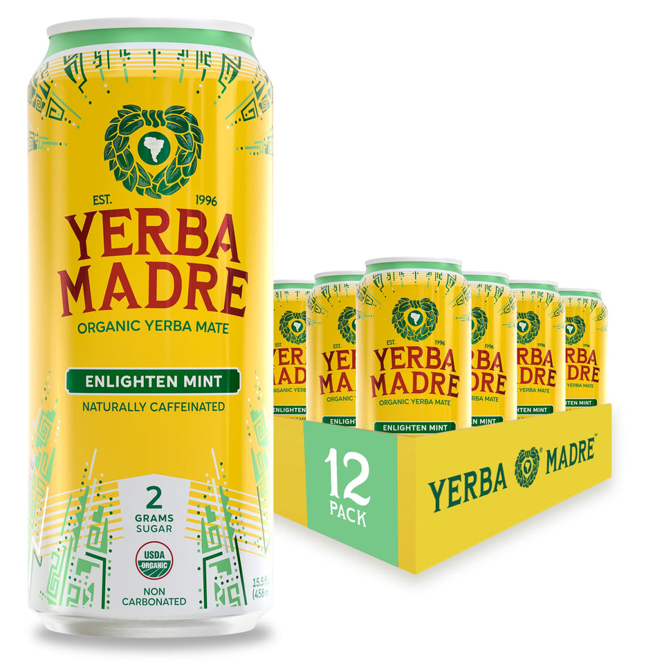 Guayaki Yerba Madre pack of 12 cans signals steady energy and focus.