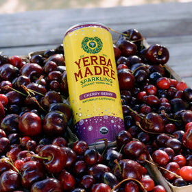 Guayaki Yerba Madre sparkling glass with ice; serves as a refreshing pick-me-up.