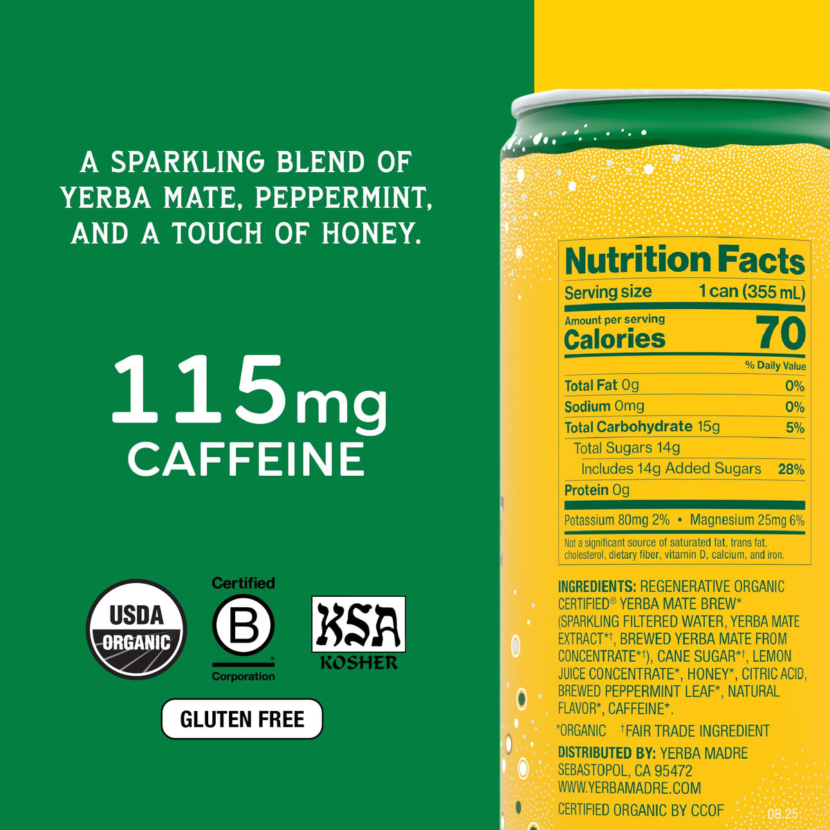 Guayaki Yerba Madre sparkling yerba mate can with mint aroma for alertness.