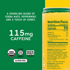 Guayaki Yerba Madre sparkling yerba mate can with mint aroma for alertness.