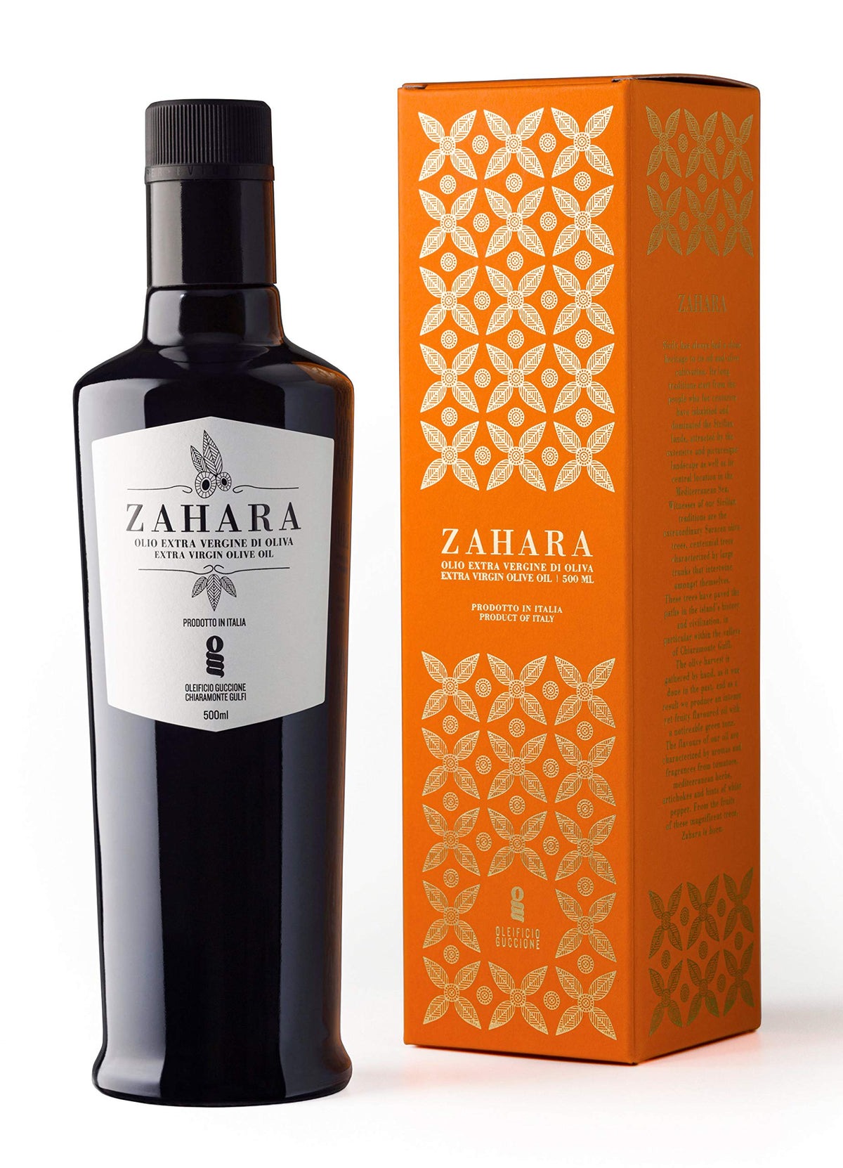 Oleificio Guccione Zahara EVOO bottle front highlights premium Sicilian flavor for home cooking.