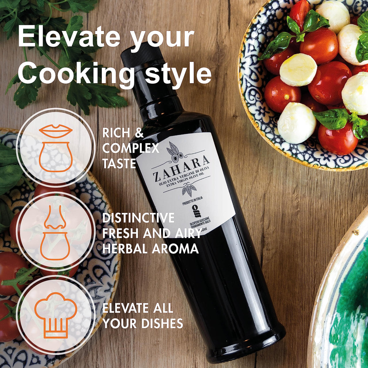 Oleificio Guccione Zahara EVOO pour over bread promotes fresh, fruity Sicilian aroma.