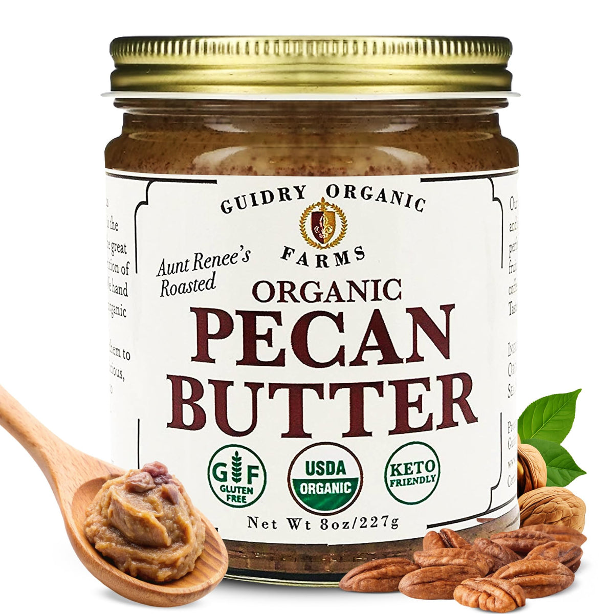 Guidry Organic Farms Pecan Butter jar with pure organic pecans for clean snacking