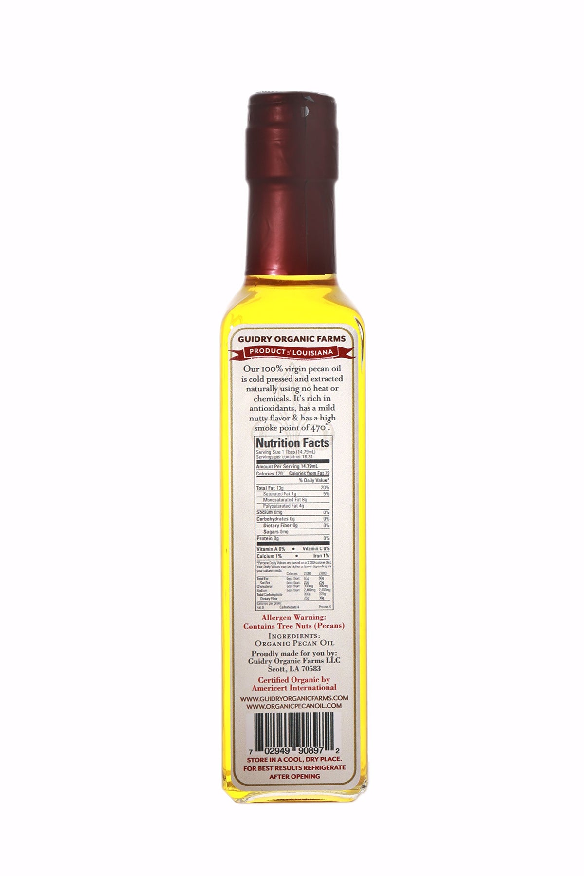 Guidry Organic Farms pecan oil label close-up showing organic certification and aroma.