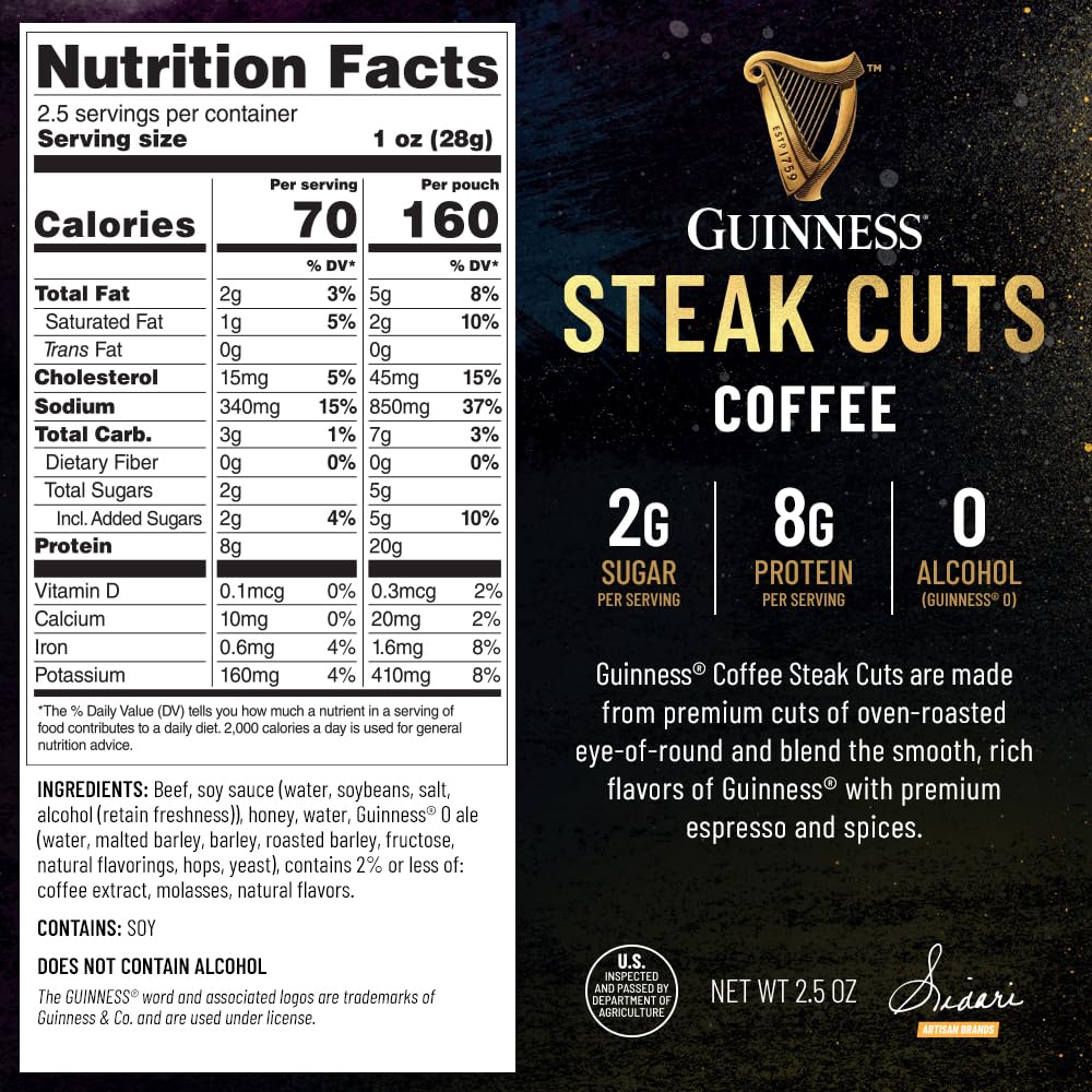 Guinness Steak Cuts Coffee flavor jerky with espresso rub for bold snacking.