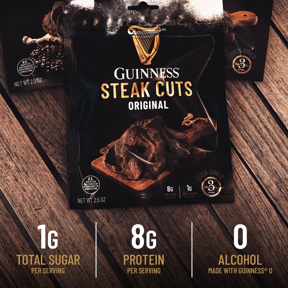 Guinness Steak Cuts high-protein, clean ingredients snack on table