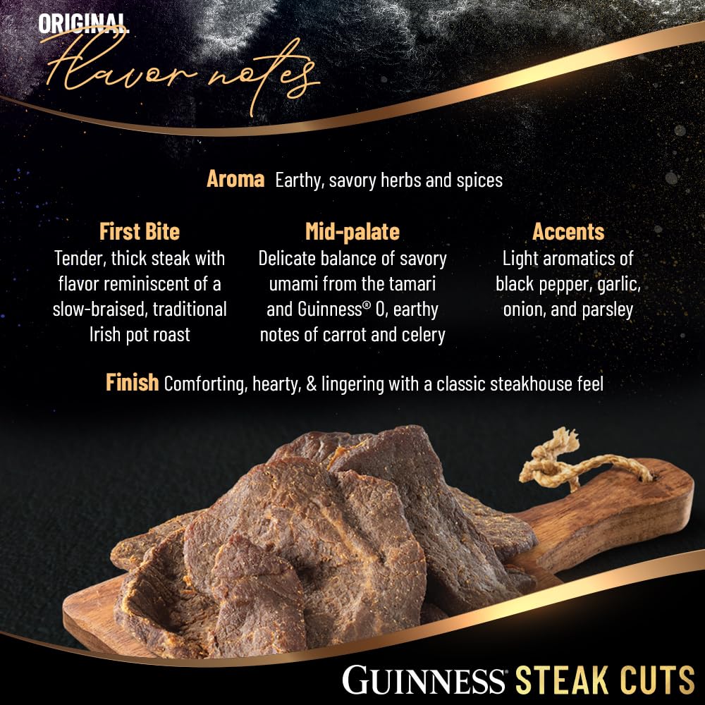Guinness Steak Cuts USA-made label beside beef slices