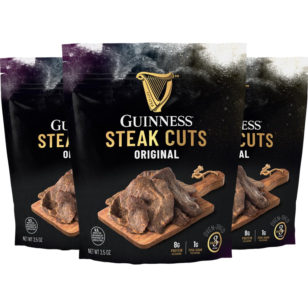 Guinness Steak Cuts 3 Pack bag with eye-of-round slices, high-protein snack