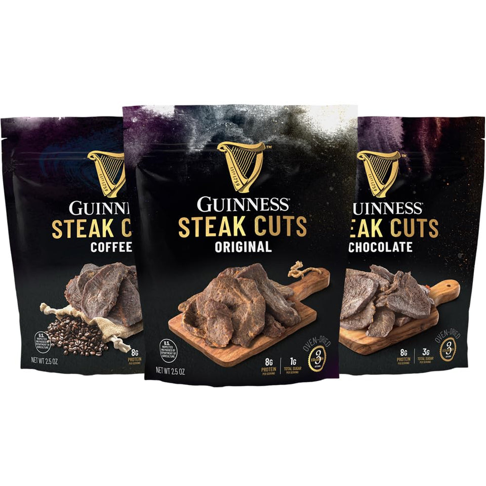 Guinness Steak Cuts variety pack: premium marinated beef jerky for on-the-go snacking.