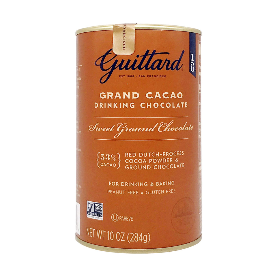 Guittard Grand Cacao drinking chocolate canister offering rich, comforting hot cocoa.