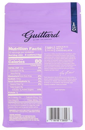 Guittard Organic 38% wafers bag open, ready for quick chocolate chips.