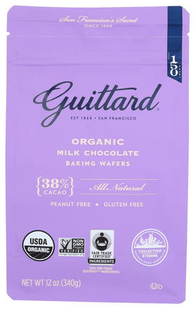 Guittard Organic 38% wafers pack front, convenient 12 oz bag for home bakers.