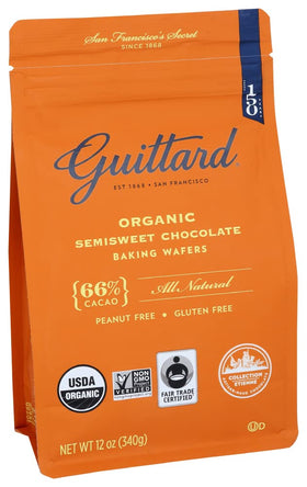 Guittard Organic 66% wafers close-up, glossy surface for even melting in recipes