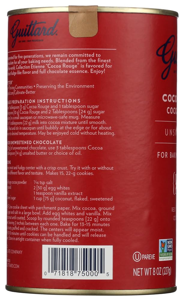 Guittard Rouge Red Dutch cocoa powder can back, enhances color in desserts.