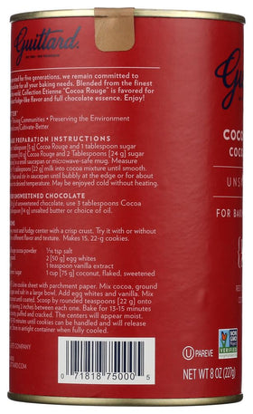 Guittard Rouge Red Dutch cocoa powder can back, enhances color in desserts.