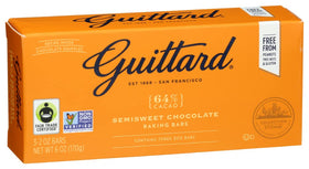 Product packaging shows all natural ingredients and Fair Trade sourcing for Guittard semisweet bars.