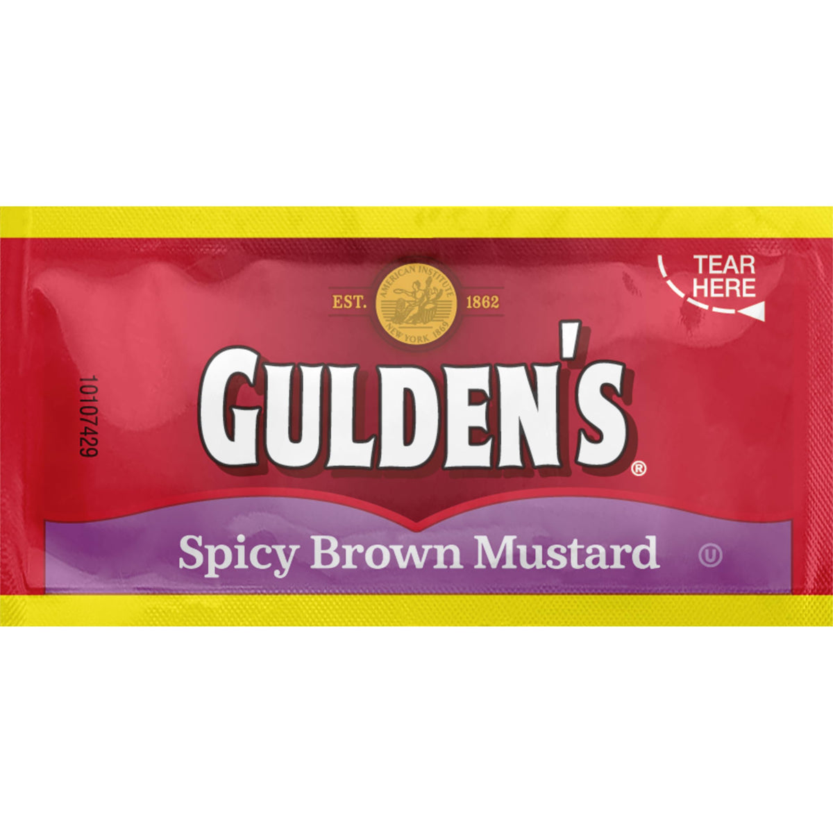 Gulden-s spicy brown mustard packets in bulk packaging for efficient service.
