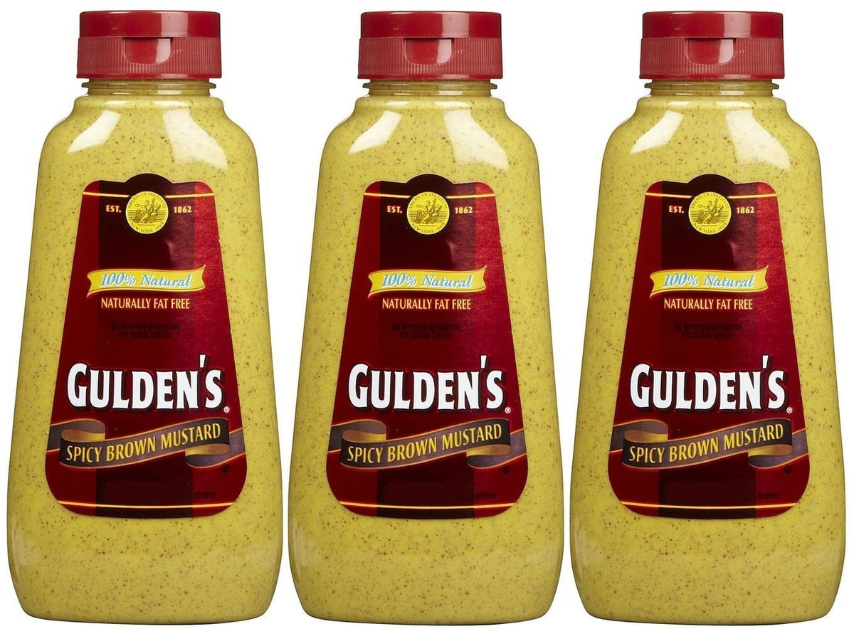 Gulden's Spicy Brown Mustard bottle, 8 oz, 3-pack; bold flavor for sandwiches and sauces.