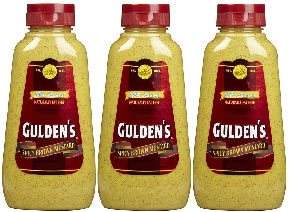 Gulden's Spicy Brown Mustard bottle, 8 oz, 3-pack; bold flavor for sandwiches and sauces.