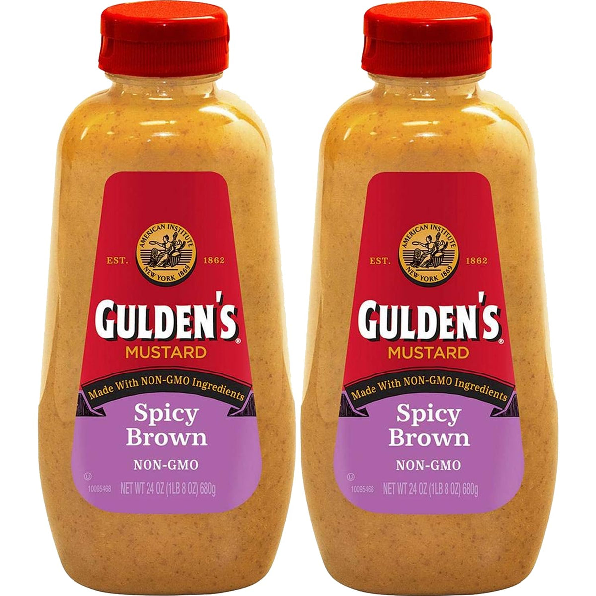 Gulden's Spicy Brown Mustard bottle front adds bold flavor to meals.